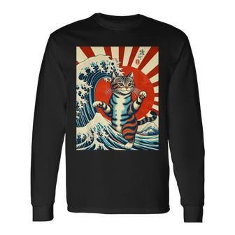 Catzilla The Great Wave Off Kanagawa Great Wave Catzilla Long Sleeve T-Shirt - Monsterry AU