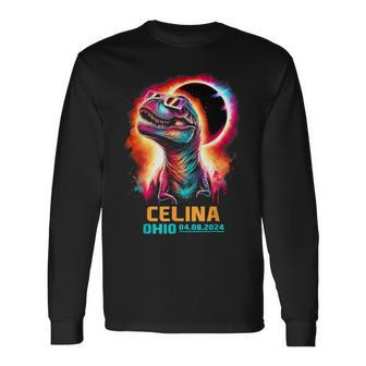 Celina Ohio Total Solar Eclipse 2024 T Rex Dinosaur Colorful Long Sleeve T-Shirt - Monsterry
