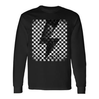 Checkered Lightning Bolt Thunder Checkerboard Graphic Long Sleeve T-Shirt - Monsterry