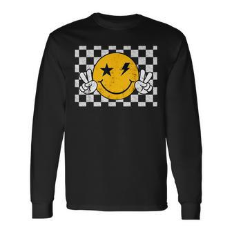 Checkered Pattern Smile Face Trendy Retro Happy Face Long Sleeve T-Shirt - Monsterry AU