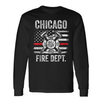 Chicago Illinois Fire Department Thin Red Line Fireman Long Sleeve T-Shirt - Seseable