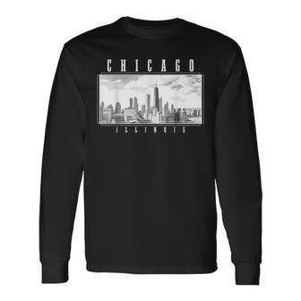 Chicago Illinois Skyline Pride Black & White Vintage Chicago Long Sleeve T-Shirt - Monsterry AU