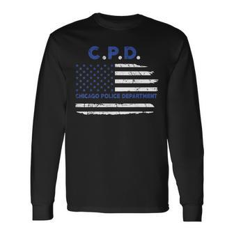 Chicago Police Officer American Flag Thin Blue Line Long Sleeve T-Shirt - Monsterry CA