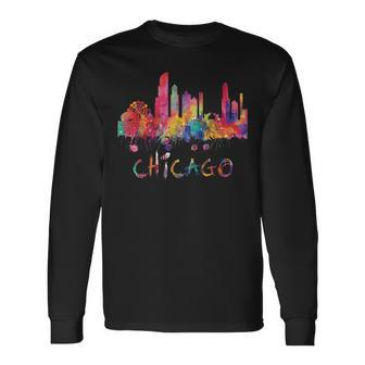 Chicago Skyline Cityscape Watercolor Chicago Flag Illinois Long Sleeve T-Shirt - Thegiftio UK