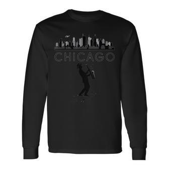 Chicago Skyline Home Of Jazz Music Silhouette Saxophone Long Sleeve T-Shirt | Mazezy
