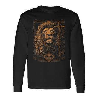 Christian Cross Lion Of Judah Religious Faith Jesus Pastor Long Sleeve T-Shirt | Mazezy UK