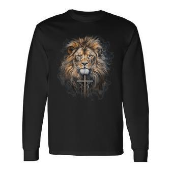 Christian Cross Lion Of Judah Religious Faith Jesus Pastor Long Sleeve T-Shirt - Seseable