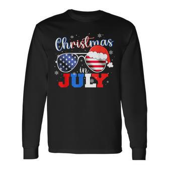 Christmas In July Santa Hat Sunglasses Usa Flag 4Th Of July Long Sleeve T-Shirt - Monsterry