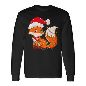 Christmas Lights Fox Wearing Xmas Hat Cute Fox Lover Long Sleeve T-Shirt - Monsterry CA