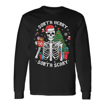 Christmas Skeleton Xmas Goth Spooky Sorta Merry Sorta Scary Long Sleeve T-Shirt - Monsterry UK