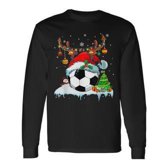 Christmas Soccer Player Lights Ball Santa Hat Xmas Pajama Long Sleeve T-Shirt | Mazezy