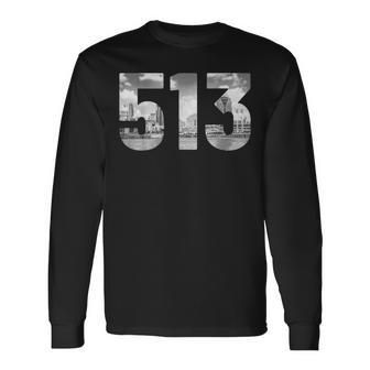 Cincinnati 513 Area Code Skyline Ohio Vintage Long Sleeve T-Shirt - Monsterry DE