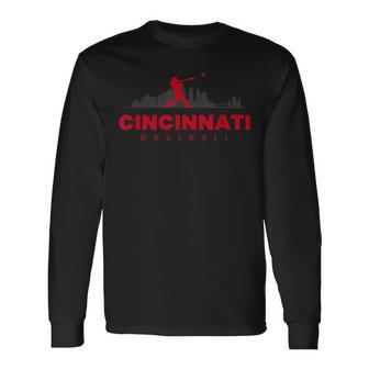 Cincinnati Baseball Minimalist City Skyline Baseball Lover Long Sleeve T-Shirt - Monsterry UK