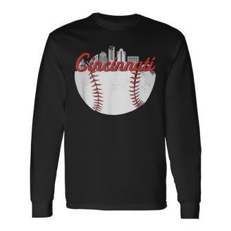 Cincinnati Skyline Cityscape Baseball Retro Vintage Long Sleeve T-Shirt - Monsterry UK