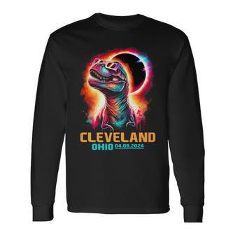 Cleveland Ohio Total Solar Eclipse 2024 T Rex Dinosaur Long Sleeve T-Shirt - Monsterry CA