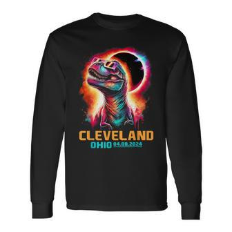 Cleveland Ohio Total Solar Eclipse 2024 T Rex Dinosaur Long Sleeve T-Shirt | Mazezy