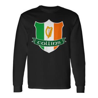 Collins Irish Name Ireland Flag Harp Family Long Sleeve T-Shirt - Seseable