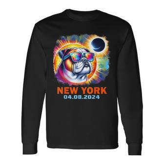 Colorful Bulldog Total Solar Eclipse 2024 New York Long Sleeve T-Shirt - Seseable