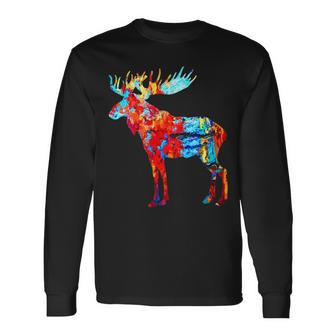 Colorful Canadian Moose Abstract Paint Wildlife Nature Long Sleeve T-Shirt - Monsterry AU