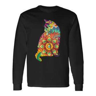 Colorful Cat Lover Feline Psychedelic Abstract Hippy Long Sleeve T-Shirt - Monsterry AU