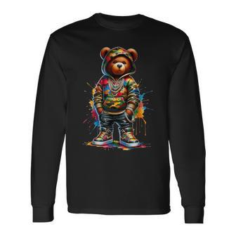 Colorful Hip Hop Teddy-Bear Watercolor Hip Hop Bear Cool Long Sleeve T-Shirt - Monsterry UK
