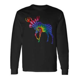 Colorful Moose In Tye Dye Pattern For A Tie Dye Long Sleeve T-Shirt - Monsterry