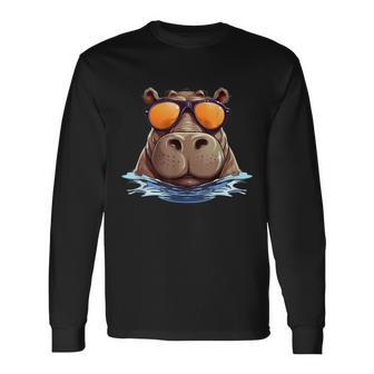 Cool Hippo With Sunglasses For Animals Costume Long Sleeve T-Shirt - Monsterry