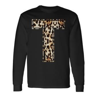 Cool Letter T Initial Name Leopard Cheetah Print Long Sleeve T-Shirt - Monsterry