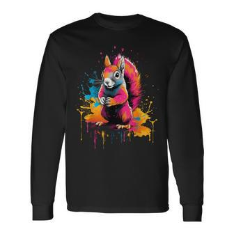 Cool Squirrel On Colorful Painted Squirrel Long Sleeve T-Shirt - Monsterry