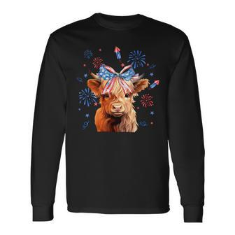 Coquette Highland Cow 4Th Of July Patriotic Cute Animal Long Sleeve T-Shirt - Seseable