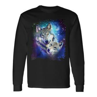 Cosmic Space Wolf Family Wolves Face Long Sleeve T-Shirt - Thegiftio UK