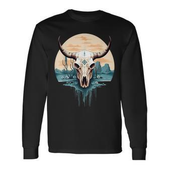 Cow Skull Vintage Rodeo Western Retro Long Sleeve T-Shirt - Monsterry