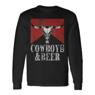 Cowboys & Beer Vintage Rodeo Bull Horn Western Country Long Sleeve T-Shirt | Mazezy
