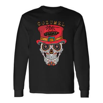 Cozumel Mexico Sugar Skull & Hat Souvenir Long Sleeve T-Shirt - Monsterry UK