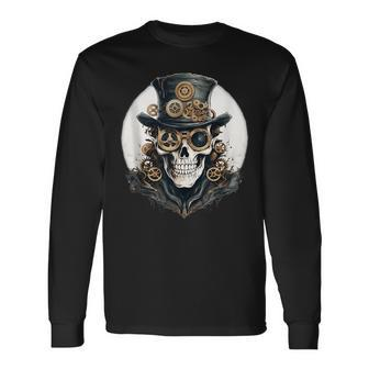 Creepy Steampunk Skulls And Gears Inspiration Graphic Long Sleeve T-Shirt - Monsterry DE