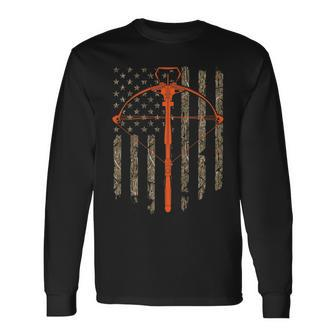 Crossbow Archery Bow Hunting Camo American Flag Distressed Long Sleeve T-Shirt - Monsterry DE