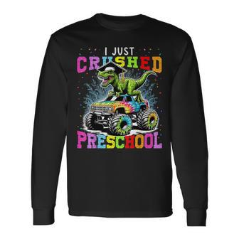 I Crushed Preschool Dinosaur Monster Truck Graduation 2024 Long Sleeve T-Shirt - Seseable