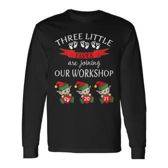 Cute 2021 Triplets Christmas Pregnancy New Baby Reveal Elf Long Sleeve T-Shirt - Monsterry