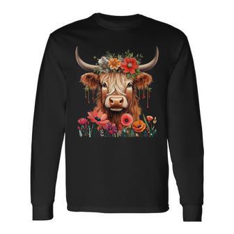 Cute Animal Cow Baby Highland Cow With Flowers Calf Women Long Sleeve T-Shirt - Monsterry UK