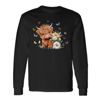 Cute Baby Highland Cow With Flowers Calf Animal Spring Long Sleeve T-Shirt - Monsterry UK