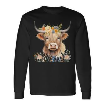 Cute Baby Highland Cow With Flowers Calf Animal Cow Women Long Sleeve T-Shirt - Monsterry