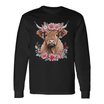Cute Baby Highland Cow With Flowers Calf Animal Cow Women Long Sleeve T-Shirt - Seseable