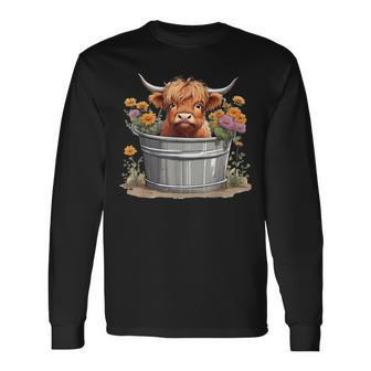 Cute Baby Highland Cow With Flowers Love Spring Pastel Long Sleeve T-Shirt - Monsterry