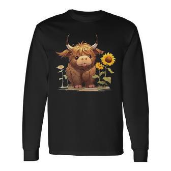 Cute Baby Highland Cow With Sunflowers Calf Animal Farm Long Sleeve T-Shirt - Seseable