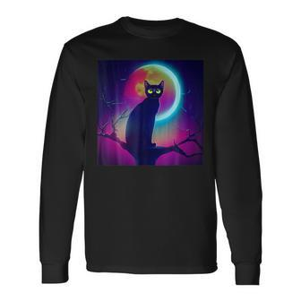 Cute Black Cat Spooky Yellow Purple Full Moon Logo Long Sleeve T-Shirt - Monsterry UK