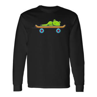 Cute Bored Frog On A Skateboard Kawaii Aesthetic Frog Long Sleeve T-Shirt - Monsterry AU