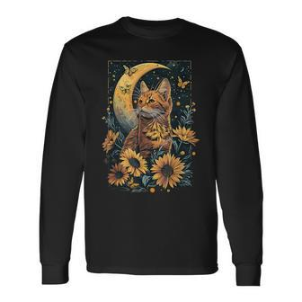 Cute Cat Full Moon Cat Cottagecore Aesthetic Long Sleeve T-Shirt - Monsterry UK