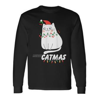 Cute Cat Merry Catmas Christmas Cat Lovers Santa Pajama Long Sleeve T-Shirt - Seseable