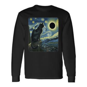 Cute Cat Starry Night Van Gogh Solar Eclipse April 08 2024 Long Sleeve T-Shirt - Seseable