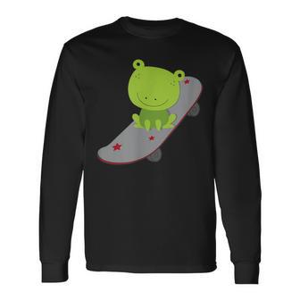 Cute Frog On Skateboard Kawaii Aesthetic Frog Long Sleeve T-Shirt - Monsterry